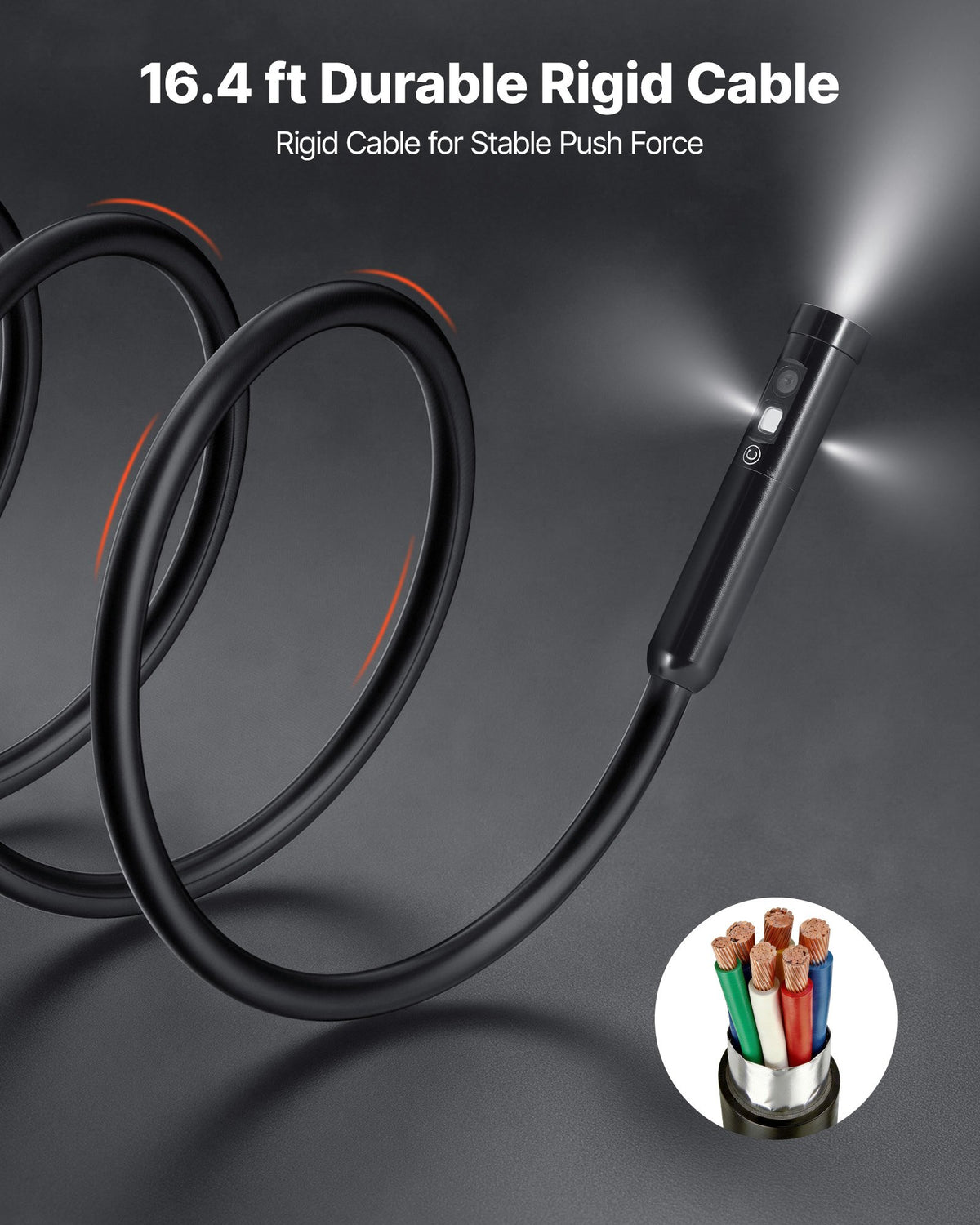 VEVOR Triple Lens Endoscope with Light, 5" HD IPS Screen Industrial Borescope, 1280 x 720 Lens, 8 + 2 LEDs, 8X Zoom, IP67 Waterproof Inspection Snake Camera for Auto, Plumbing (16.4FT Rigid Cable) - FXKQXNKJ5INCD18VS001V9 - view 6