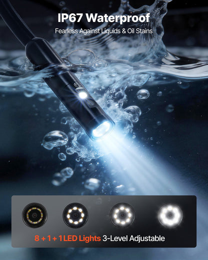 VEVOR Triple Lens Endoscope with Light, 5" HD IPS Screen Industrial Borescope, 1280 x 720 Lens, 8 + 2 LEDs, 8X Zoom, IP67 Waterproof Inspection Snake Camera for Auto, Plumbing (16.4FT Rigid Cable) - FXKQXNKJ5INCD18VS001V9 - view 7