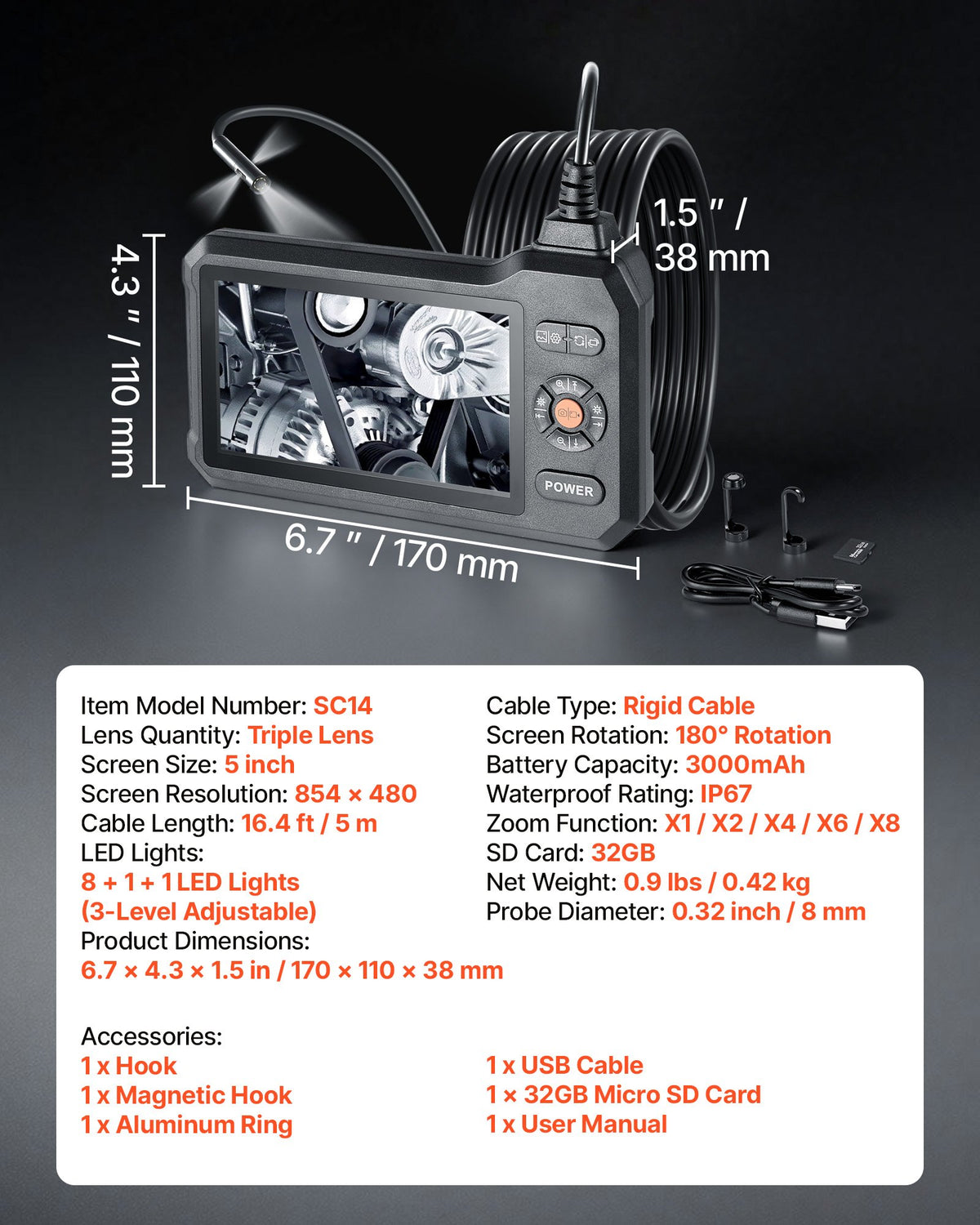 VEVOR Triple Lens Endoscope with Light, 5" HD IPS Screen Industrial Borescope, 1280 x 720 Lens, 8 + 2 LEDs, 8X Zoom, IP67 Waterproof Inspection Snake Camera for Auto, Plumbing (16.4FT Rigid Cable) - FXKQXNKJ5INCD18VS001V9 - view 8