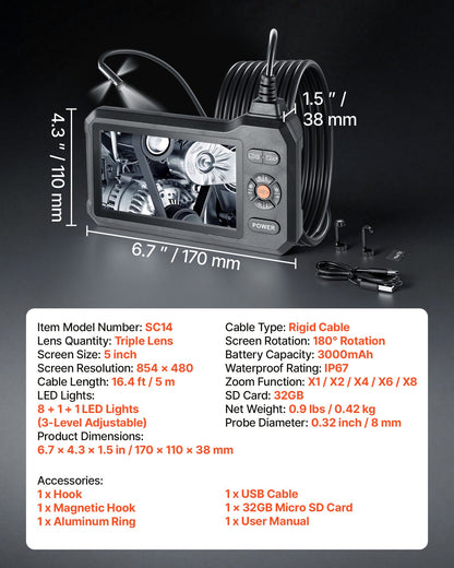 VEVOR Triple Lens Endoscope with Light, 5" HD IPS Screen Industrial Borescope, 1280 x 720 Lens, 8 + 2 LEDs, 8X Zoom, IP67 Waterproof Inspection Snake Camera for Auto, Plumbing (16.4FT Rigid Cable) - FXKQXNKJ5INCD18VS001V9 - view 8