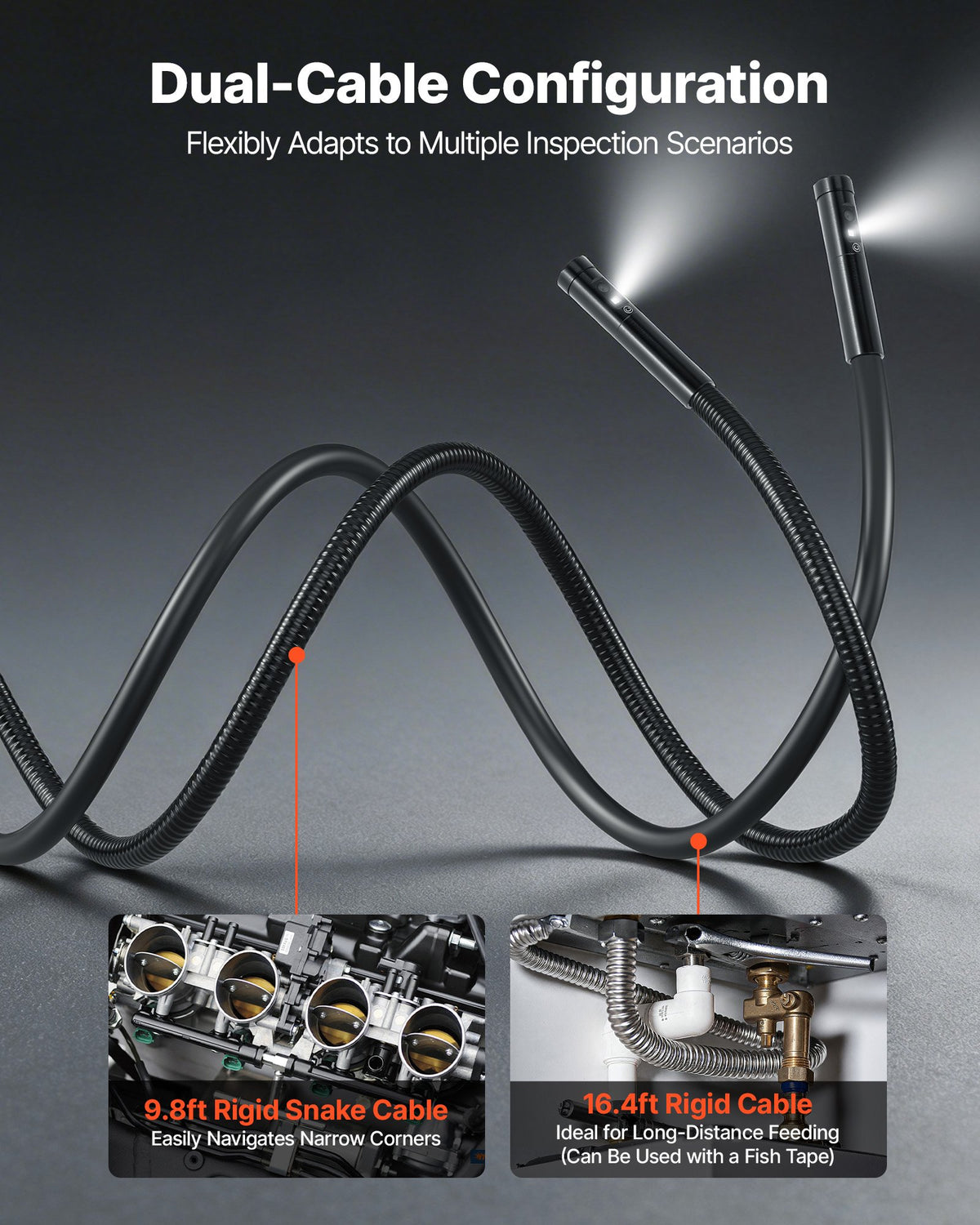 VEVOR Triple Lens Endoscope with Dual-Cable Setup, Industrial Borescope with Light, 7" HD IPS Spilt-Screen, 8 + 2 LEDs, 8X Zoom, IP67 Waterproof Snake Camera for Auto, Plumbing (16.4FT + 9.8FT Cables) - FXKQXNKJ7INCV1MTD001V9 - view 3