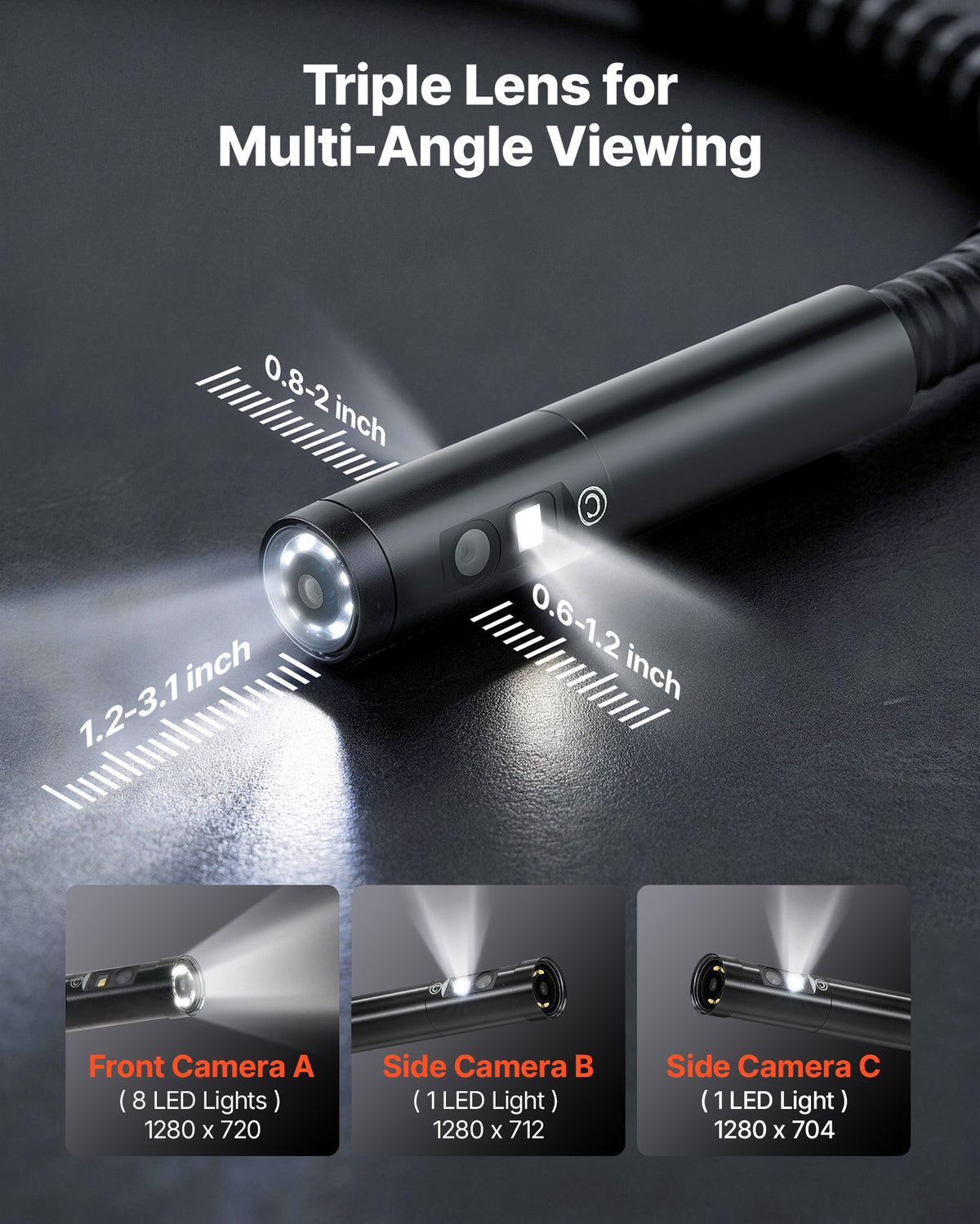 VEVOR Triple Lens Endoscope with Dual-Cable Setup, Industrial Borescope with Light, 7" HD IPS Spilt-Screen, 8 + 2 LEDs, 8X Zoom, IP67 Waterproof Snake Camera for Auto, Plumbing (16.4FT + 9.8FT Cables) - FXKQXNKJ7INCV1MTD001V9 - view 4
