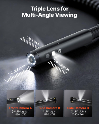 VEVOR Triple Lens Endoscope with Dual-Cable Setup, Industrial Borescope with Light, 7" HD IPS Spilt-Screen, 8 + 2 LEDs, 8X Zoom, IP67 Waterproof Snake Camera for Auto, Plumbing (16.4FT + 9.8FT Cables) - FXKQXNKJ7INCV1MTD001V9 - view 4
