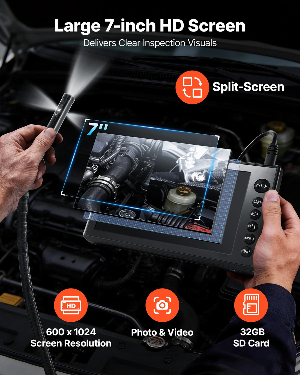 VEVOR Triple Lens Endoscope with Dual-Cable Setup, Industrial Borescope with Light, 7" HD IPS Spilt-Screen, 8 + 2 LEDs, 8X Zoom, IP67 Waterproof Snake Camera for Auto, Plumbing (16.4FT + 9.8FT Cables) - FXKQXNKJ7INCV1MTD001V9 - view 5