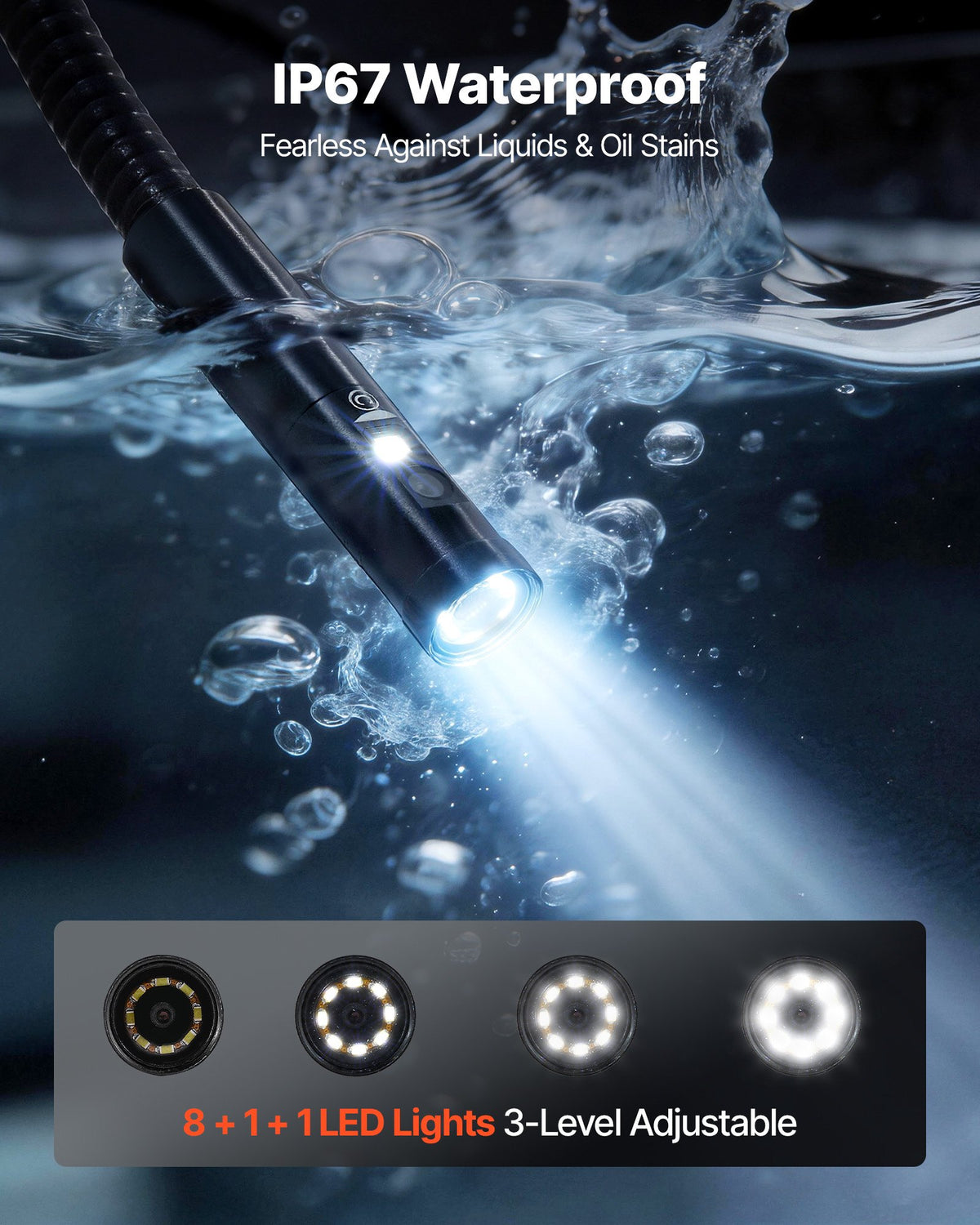 VEVOR Triple Lens Endoscope with Dual-Cable Setup, Industrial Borescope with Light, 7" HD IPS Spilt-Screen, 8 + 2 LEDs, 8X Zoom, IP67 Waterproof Snake Camera for Auto, Plumbing (16.4FT + 9.8FT Cables) - FXKQXNKJ7INCV1MTD001V9 - view 7