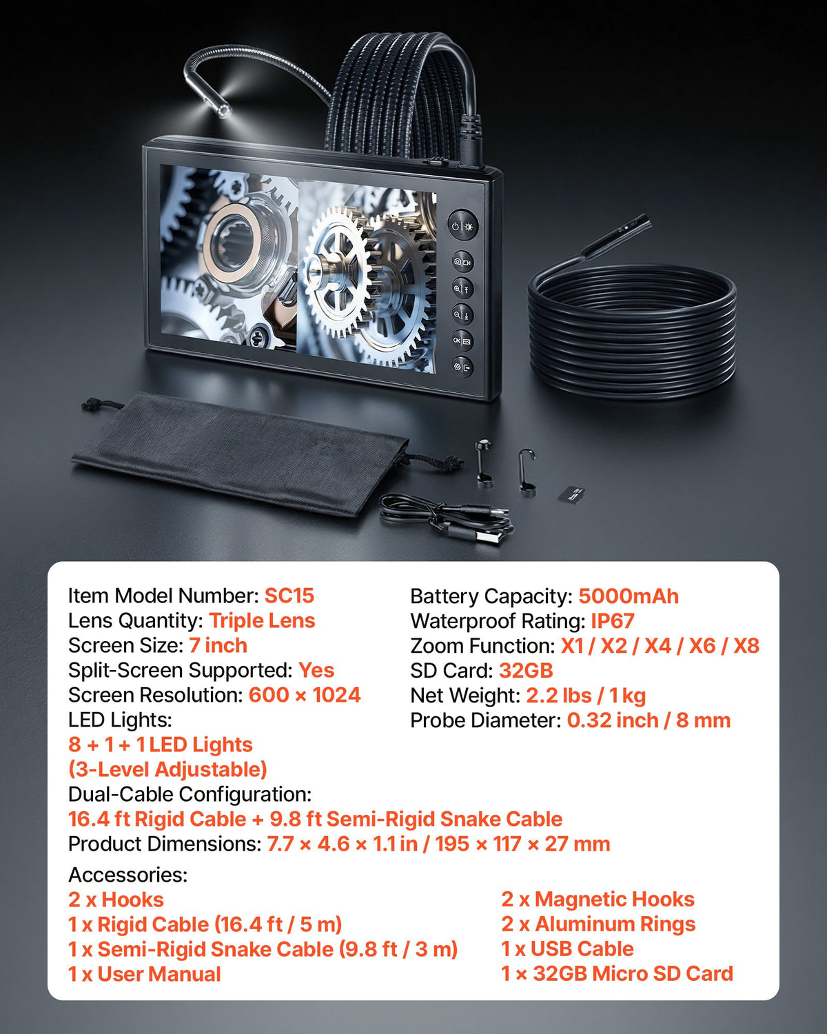 VEVOR Triple Lens Endoscope with Dual-Cable Setup, Industrial Borescope with Light, 7" HD IPS Spilt-Screen, 8 + 2 LEDs, 8X Zoom, IP67 Waterproof Snake Camera for Auto, Plumbing (16.4FT + 9.8FT Cables) - FXKQXNKJ7INCV1MTD001V9 - view 8