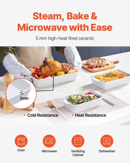 VEVOR Ceramic Baking Dish, 9" x 13", Bakeware Set of 3, Rectangular Casserole Dish Set, Baking Pans with Handles, Oven Secure, Lasagna Pans Deep for Cooking, Thanksgiving & Christmas Present, White - FXTCKP3JT139OAJO4V0 - view 3