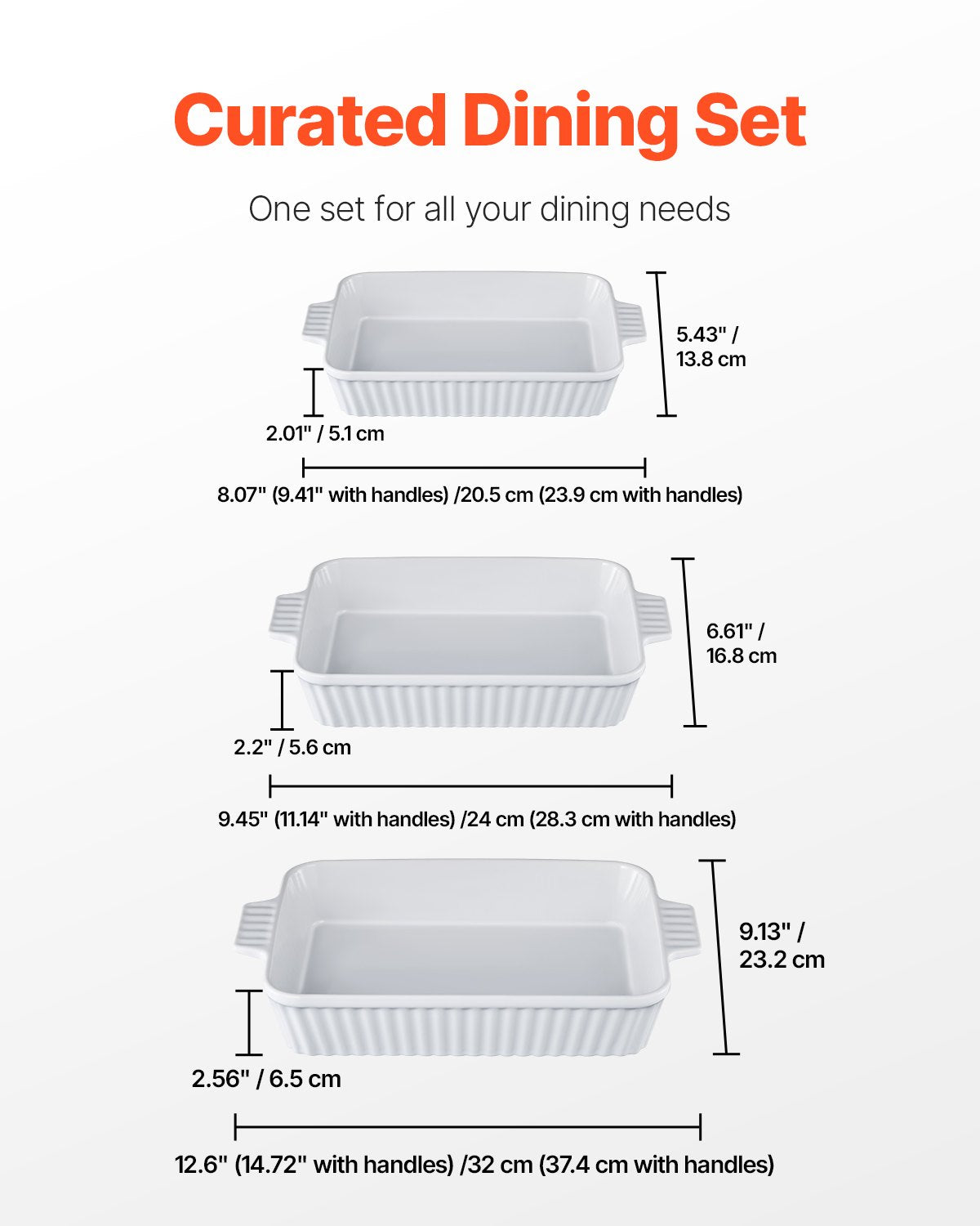 VEVOR Ceramic Baking Dish, 9" x 13", Bakeware Set of 3, Rectangular Casserole Dish Set, Baking Pans with Handles, Oven Secure, Lasagna Pans Deep for Cooking, Thanksgiving & Christmas Present, White - FXTCKP3JT139OAJO4V0 - view 4
