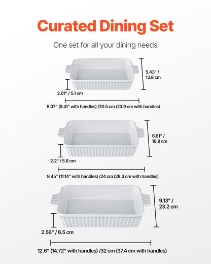 VEVOR Ceramic Baking Dish, 9" x 13", Bakeware Set of 3, Rectangular Casserole Dish Set, Baking Pans with Handles, Oven Secure, Lasagna Pans Deep for Cooking, Thanksgiving & Christmas Present, White - FXTCKP3JT139OAJO4V0 - view 4
