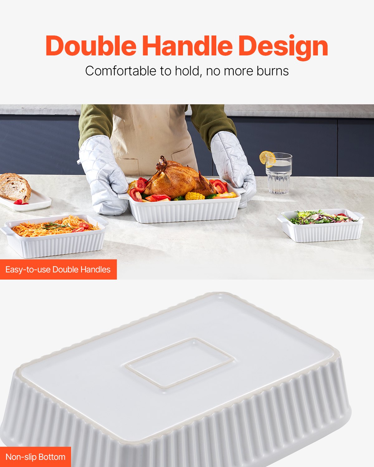 VEVOR Ceramic Baking Dish, 9" x 13", Bakeware Set of 3, Rectangular Casserole Dish Set, Baking Pans with Handles, Oven Secure, Lasagna Pans Deep for Cooking, Thanksgiving & Christmas Present, White - FXTCKP3JT139OAJO4V0 - view 6