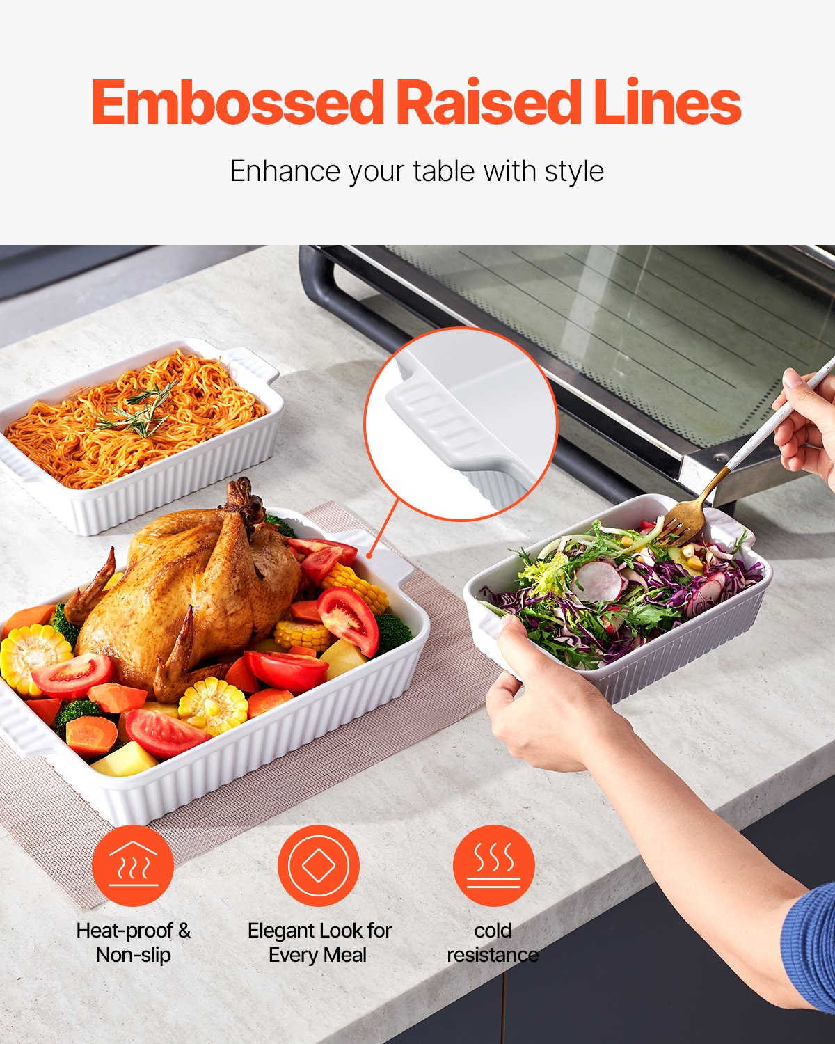 VEVOR Ceramic Baking Dish, 9" x 13", Bakeware Set of 3, Rectangular Casserole Dish Set, Baking Pans with Handles, Oven Secure, Lasagna Pans Deep for Cooking, Thanksgiving & Christmas Present, White - FXTCKP3JT139OAJO4V0 - view 7