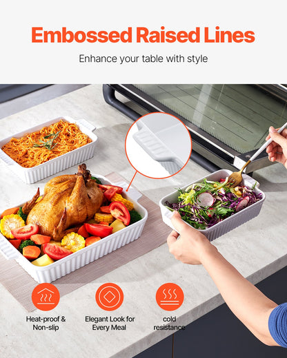 VEVOR Ceramic Baking Dish, 9" x 13", Bakeware Set of 3, Rectangular Casserole Dish Set, Baking Pans with Handles, Oven Secure, Lasagna Pans Deep for Cooking, Thanksgiving & Christmas Present, White - FXTCKP3JT139OAJO4V0 - view 7