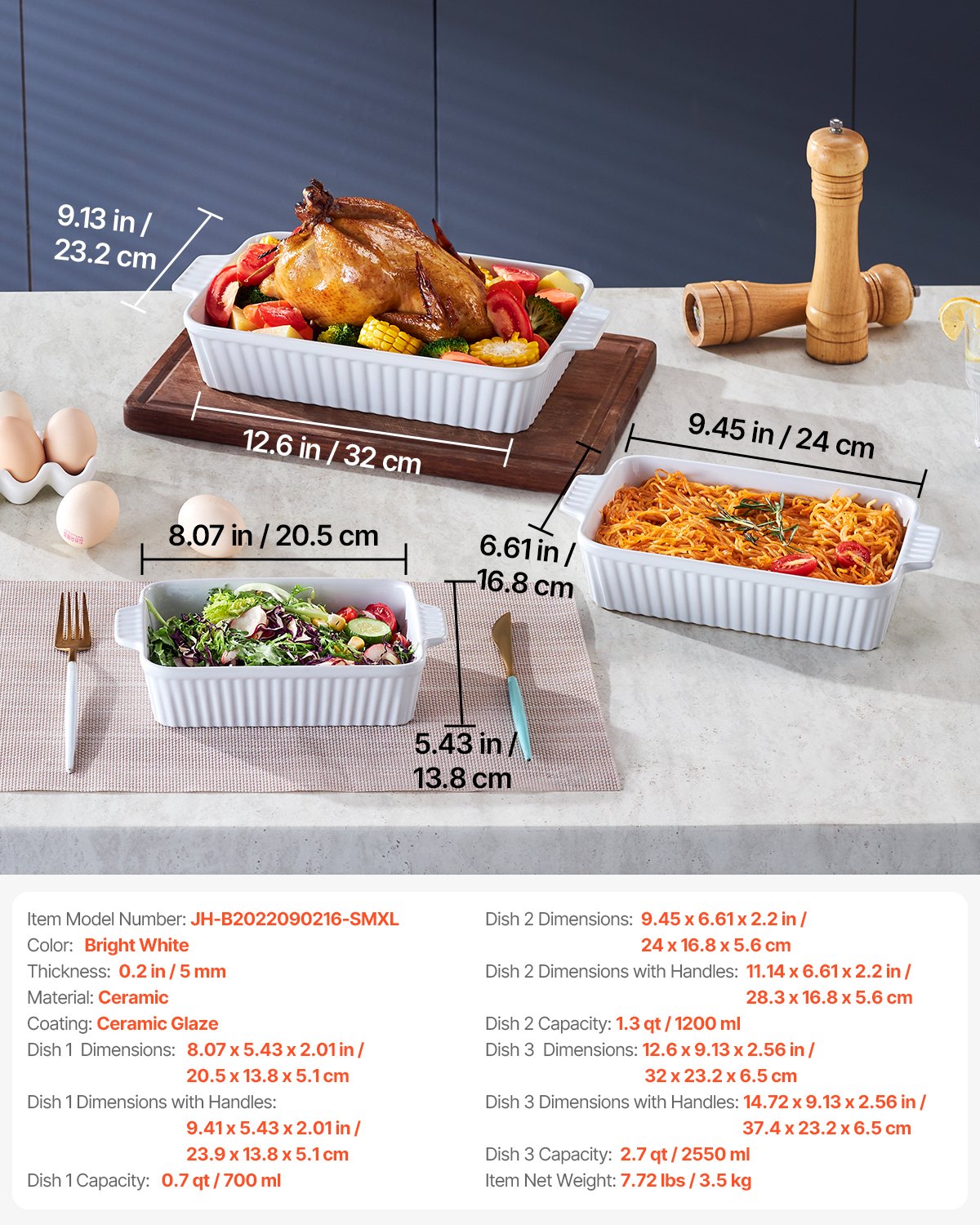 VEVOR Ceramic Baking Dish, 9" x 13", Bakeware Set of 3, Rectangular Casserole Dish Set, Baking Pans with Handles, Oven Secure, Lasagna Pans Deep for Cooking, Thanksgiving & Christmas Present, White - FXTCKP3JT139OAJO4V0 - view 8