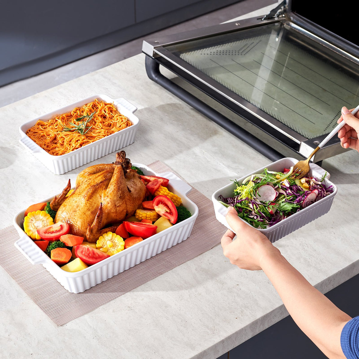 VEVOR Ceramic Baking Dish, 9" x 13", Bakeware Set of 3, Rectangular Casserole Dish Set, Baking Pans with Handles, Oven Secure, Lasagna Pans Deep for Cooking, Thanksgiving & Christmas Present, White - FXTCKP3JT139OAJO4V0 - view 9