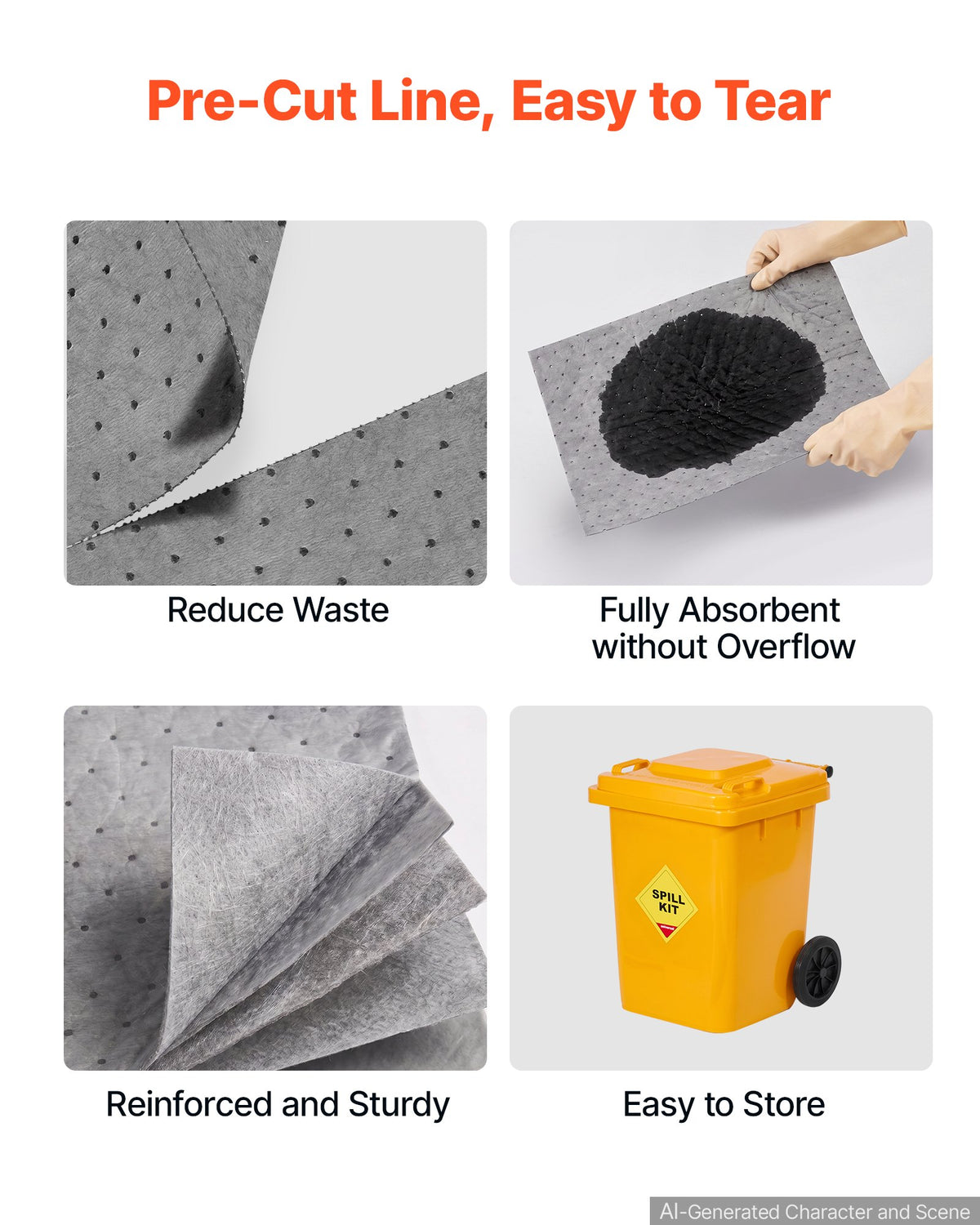 VEVOR Complete Spill Absorbent Kit for Oil & Water, 40PCS Heavy-Duty Oil Absorbent Pads, 3 Socks, 2 Pillows, 5 Hazardous Material Bags, 20-Gallon Wheeled Drum for Garage Workshop Spill Control - FYCKZQJYPTYXBMPDK001V0 - view 5