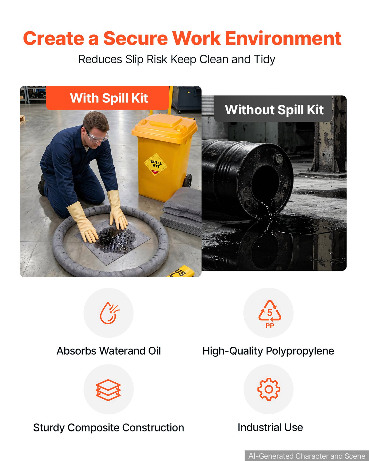 VEVOR Complete Spill Absorbent Kit for Oil & Water, 40PCS Heavy-Duty Oil Absorbent Pads, 3 Socks, 2 Pillows, 5 Hazardous Material Bags, 20-Gallon Wheeled Drum for Garage Workshop Spill Control - FYCKZQJYPTYXBMPDK001V0 - view 7