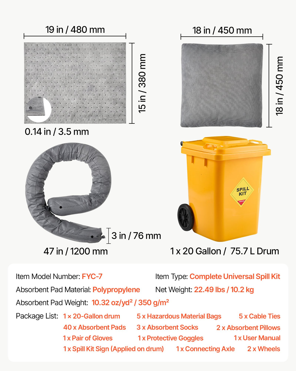 VEVOR Complete Spill Absorbent Kit for Oil & Water, 40PCS Heavy-Duty Oil Absorbent Pads, 3 Socks, 2 Pillows, 5 Hazardous Material Bags, 20-Gallon Wheeled Drum for Garage Workshop Spill Control - FYCKZQJYPTYXBMPDK001V0 - view 8