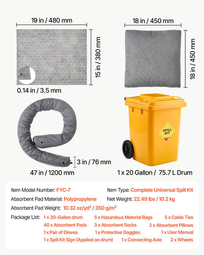VEVOR Complete Spill Absorbent Kit for Oil & Water, 40PCS Heavy-Duty Oil Absorbent Pads, 3 Socks, 2 Pillows, 5 Hazardous Material Bags, 20-Gallon Wheeled Drum for Garage Workshop Spill Control - FYCKZQJYPTYXBMPDK001V0 - view 8