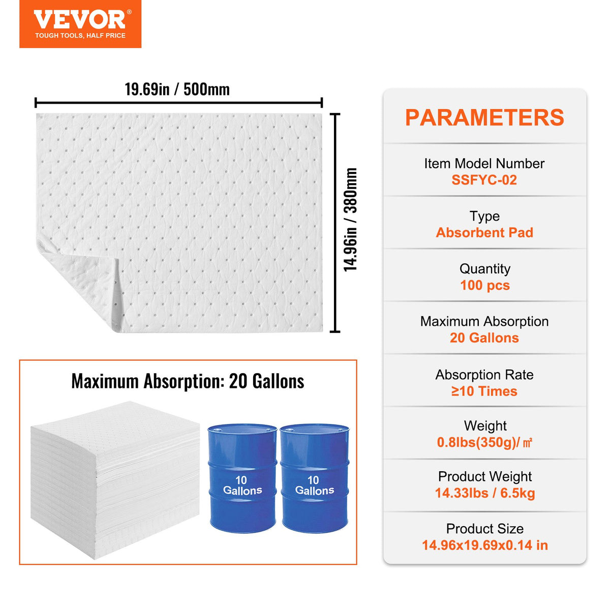 VEVOR Spill Absorbent Pads, Oil Absorbing Mat Absorbs up 20 Gal, 15" L x20" W Polypropylene Absorbent Pad for Oil Only, Oil Spill Mats Pack of 100 - FYCKZYPJXYXXGRMFBV0 - view 8