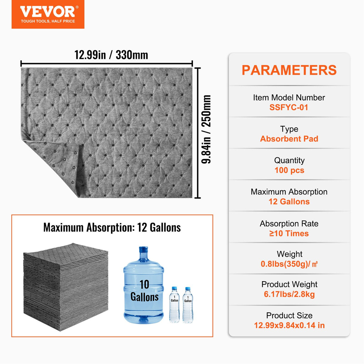 VEVOR Spill Absorbent Pads, Universal Absorbing Mat Absorbs up 12 Gal, 13" L x10" W Polypropylene Absorbent Pad for Oil, Water and Other Liquids, Pack of 100 - FYCKZYPTYXXS5YJ6NV0 - view 8