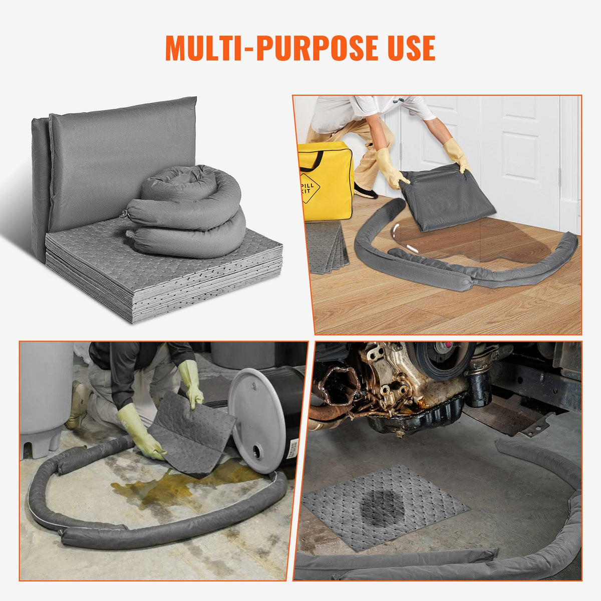 VEVOR Universal Spill Kit, Spill Control Supplies 43 pcs, Includes 30 Universal Sorbent Pads, 2 Universal Sorbent Socks 3"x4', 2 Disposal Pillows, Rubber Gloves, and Bag - FYCKZYPTYXXSB12WKV0 - view 7