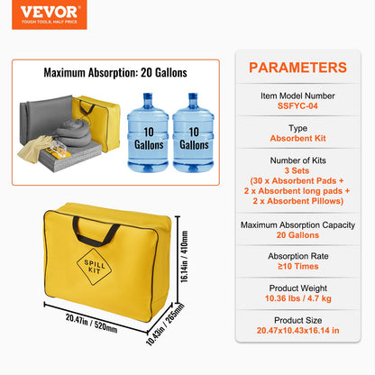 VEVOR Universal Spill Kit, Spill Control Supplies 43 pcs, Includes 30 Universal Sorbent Pads, 2 Universal Sorbent Socks 3"x4', 2 Disposal Pillows, Rubber Gloves, and Bag - FYCKZYPTYXXSB12WKV0 - view 8