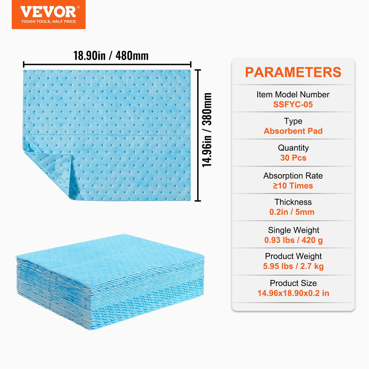 VEVOR Spill Absorbent Pads, Water Absorbing Mat Pad in Dispenser Box, 6 Gal Capacity, 15" L x19" W Polypropylene Absorbent Pad for Water, 30 pcs per Box - FYCKZYPXSXXSJ71XHV0 - view 8