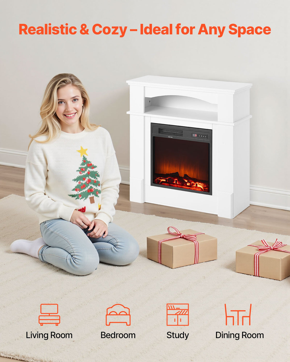 VEVOR 33 inch Freestanding Fireplaces, 1500W 5120BTU Fake Electric Fireplace Stove Heater with Mantel, Overheating Protection, Adjustable Flames,Timer, Remote, for Living Room,Bedroom,White - FZBL32INCHBS6L213001V1 - view 3