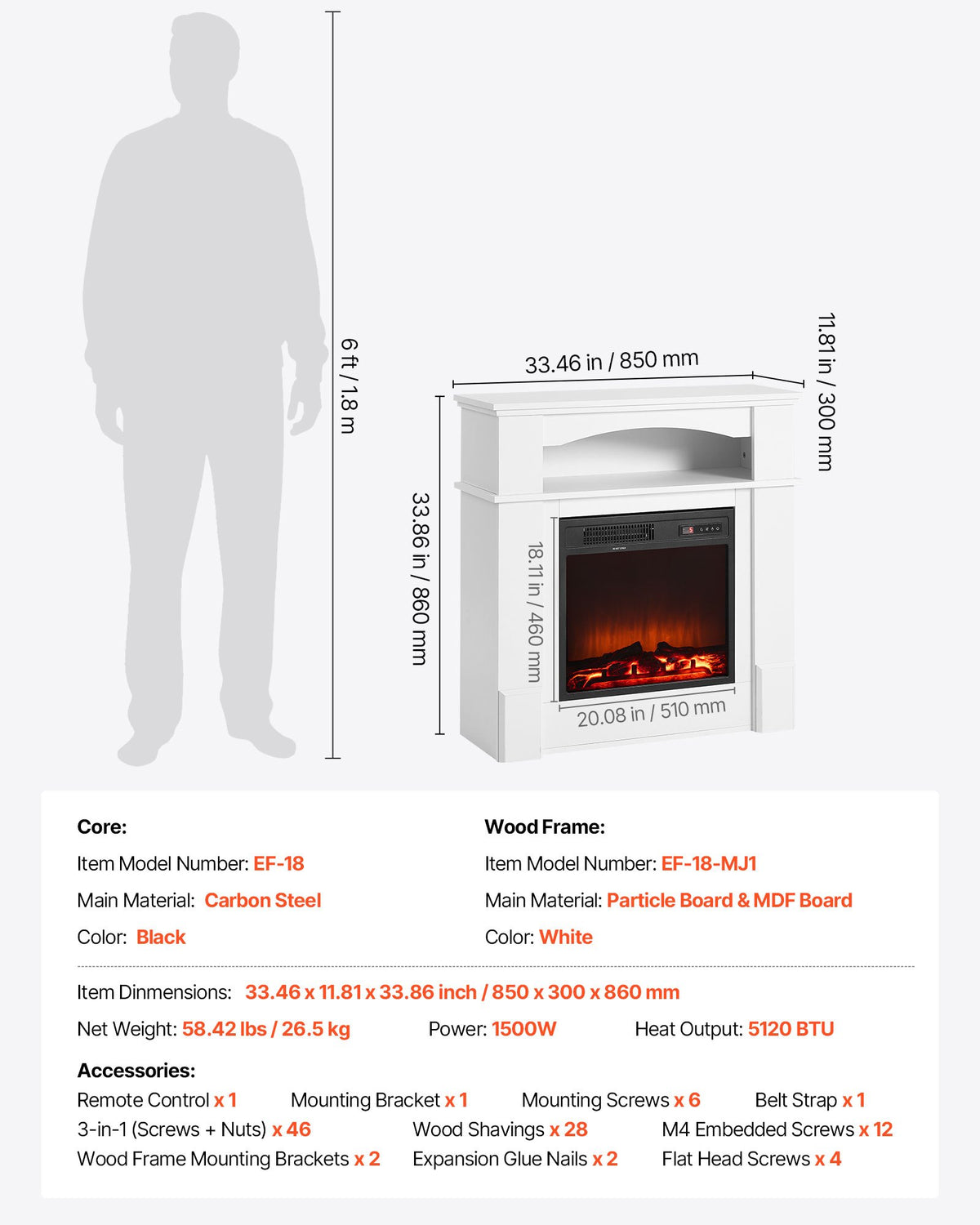 VEVOR 33 inch Freestanding Fireplaces, 1500W 5120BTU Fake Electric Fireplace Stove Heater with Mantel, Overheating Protection, Adjustable Flames,Timer, Remote, for Living Room,Bedroom,White - FZBL32INCHBS6L213001V1 - view 8