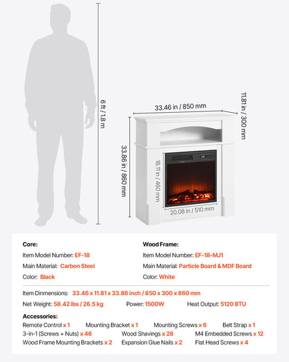 VEVOR 33 inch Freestanding Fireplaces, 1500W 5120BTU Fake Electric Fireplace Stove Heater with Mantel, Overheating Protection, Adjustable Flames,Timer, Remote, for Living Room,Bedroom,White - FZBL32INCHBS6L213001V1 - view 8