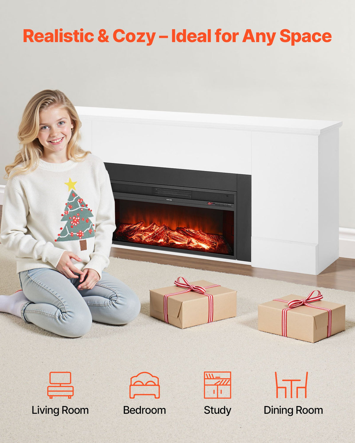 VEVOR 75 inch Freestanding Fireplaces, 1500W 5120BTU Fake Electric Fireplace Stove Heater with Mantel, Overheating Protection, Adjustable Flames,Timer, Remote, for Living Room,Bedroom,White - FZBL75INCHBSYOXBL001V1 - view 3