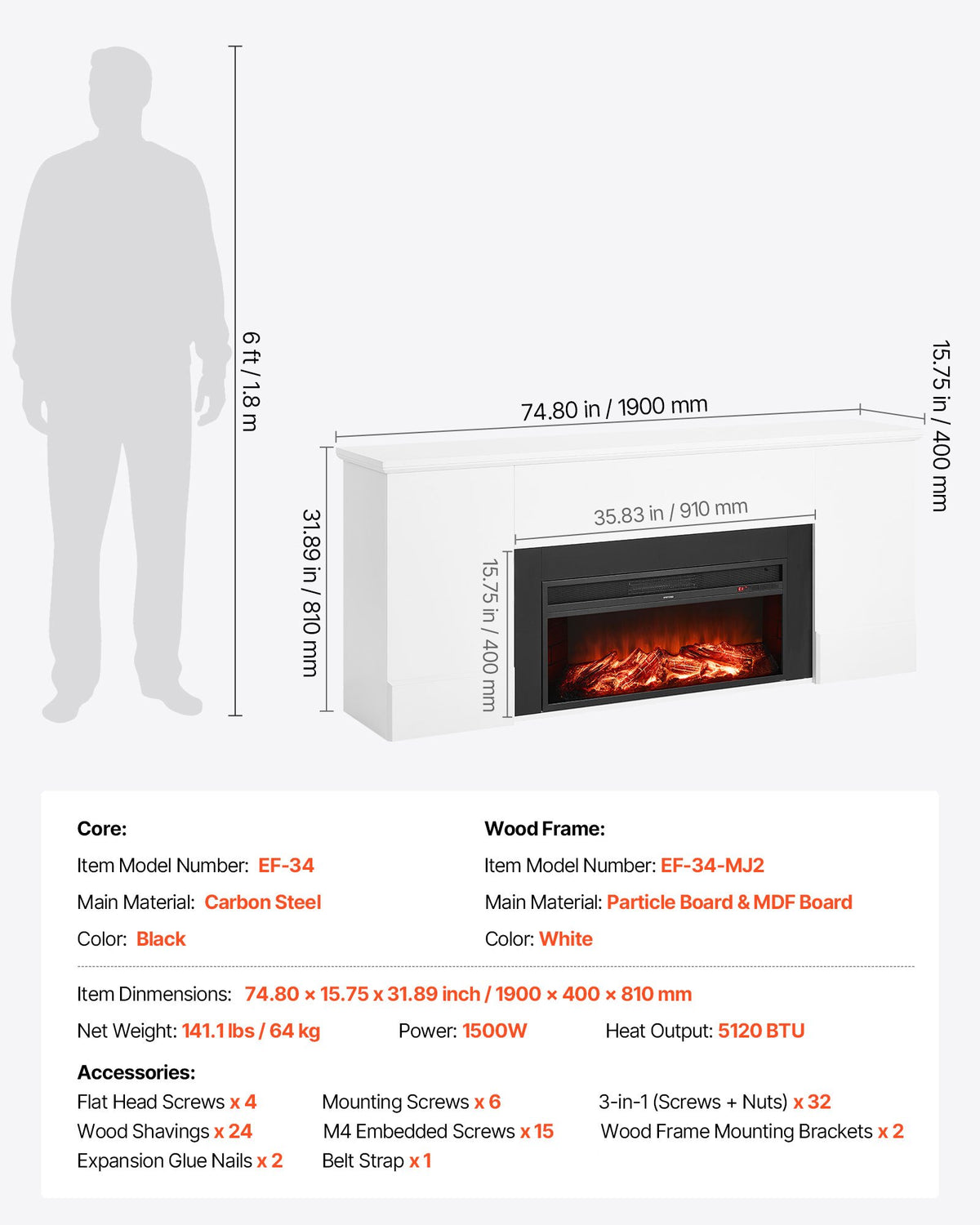 VEVOR 75 inch Freestanding Fireplaces, 1500W 5120BTU Fake Electric Fireplace Stove Heater with Mantel, Overheating Protection, Adjustable Flames,Timer, Remote, for Living Room,Bedroom,White - FZBL75INCHBSYOXBL001V1 - view 8