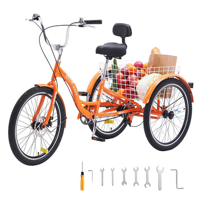VEVOR Adult Tricycles Bike, 24 Inch Three-Wheeled Bicycles, 3 Wheel Bikes Trikes, Aluminum Alloy Cruiser Bike with Basket & Adjustable Seat, Picnic Shopping Tricycles for Seniors, Women, Men (Orange) - FZDKRLSLCLHJ6I9DDV0 - view 1