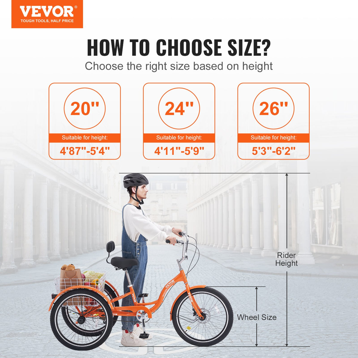 VEVOR Adult Tricycles Bike, 24 Inch Three-Wheeled Bicycles, 3 Wheel Bikes Trikes, Aluminum Alloy Cruiser Bike with Basket & Adjustable Seat, Picnic Shopping Tricycles for Seniors, Women, Men (Orange) - FZDKRLSLCLHJ6I9DDV0 - view 3
