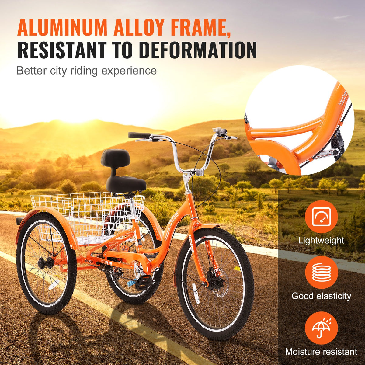 VEVOR Adult Tricycles Bike, 24 Inch Three-Wheeled Bicycles, 3 Wheel Bikes Trikes, Aluminum Alloy Cruiser Bike with Basket & Adjustable Seat, Picnic Shopping Tricycles for Seniors, Women, Men (Orange) - FZDKRLSLCLHJ6I9DDV0 - view 4