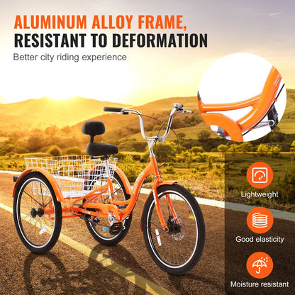 VEVOR Adult Tricycles Bike, 24 Inch Three-Wheeled Bicycles, 3 Wheel Bikes Trikes, Aluminum Alloy Cruiser Bike with Basket & Adjustable Seat, Picnic Shopping Tricycles for Seniors, Women, Men (Orange) - FZDKRLSLCLHJ6I9DDV0 - view 4