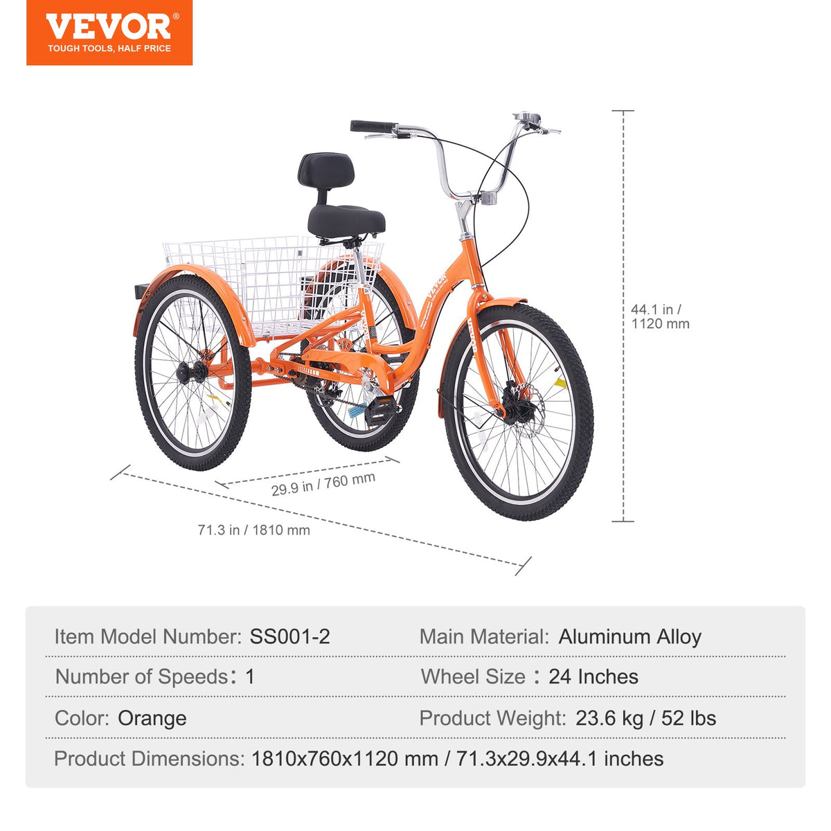 VEVOR Adult Tricycles Bike, 24 Inch Three-Wheeled Bicycles, 3 Wheel Bikes Trikes, Aluminum Alloy Cruiser Bike with Basket & Adjustable Seat, Picnic Shopping Tricycles for Seniors, Women, Men (Orange) - FZDKRLSLCLHJ6I9DDV0 - view 8