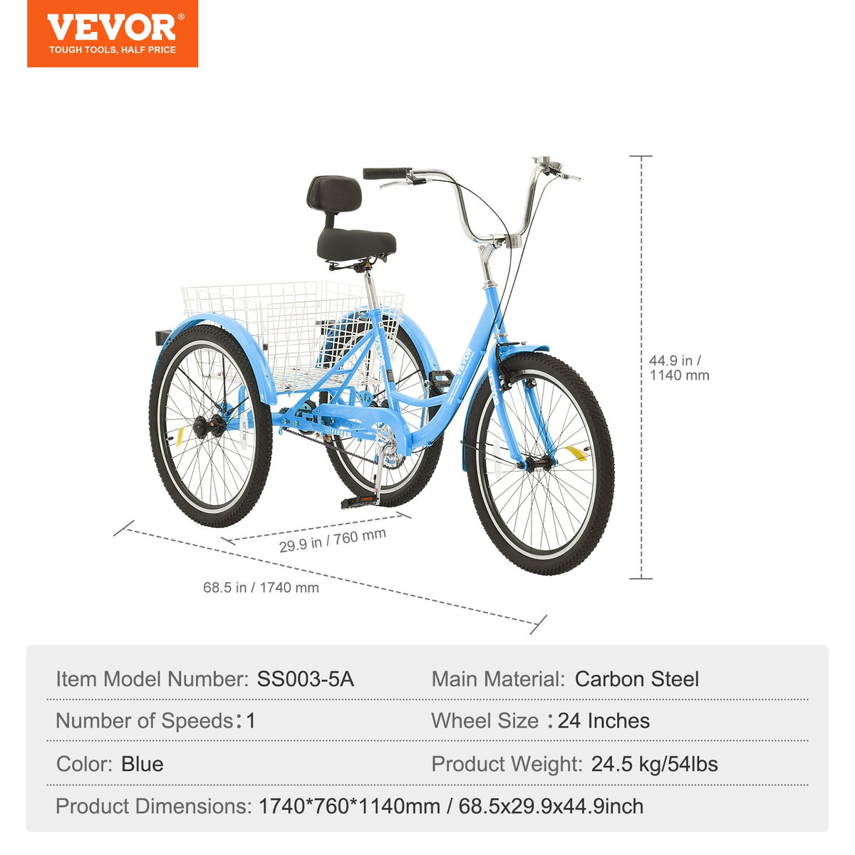 VEVOR Adult Tricycles Bike, 24 Inch Three-Wheeled Bicycles, 3 Wheel Bikes Trikes, Carbon Steel Cruiser Bike with Basket & Adjustable Seat, Picnic Shopping Tricycles for Seniors, Women, Men (Blue) - FZDKRLSLCTG21NR63V0 - view 8