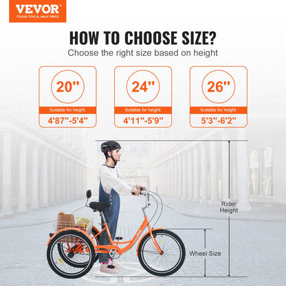 VEVOR Adult Tricycles Bike, 26 Inch Three-Wheeled Bicycles, 3 Wheel Bikes Trikes, Carbon Steel Cruiser Bike with Basket & Adjustable Seat, Picnic Shopping Tricycles for Seniors, Women, Men (Orange) - FZDKRLSLCTG2I9KOLV0 - view 3