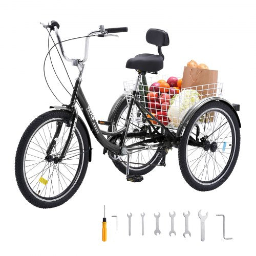 VEVOR Adult Tricycles Bike, 7 Speed Adult Trikes, 24 Inch Three-Wheeled Bicycles, Carbon Steel Cruiser Bike with Basket and Adjustable Seat, Picnic Shopping Tricycles for Seniors, Women, Men  (Black) - FZDKRLSLCTG2M4EUDV0 - view 2