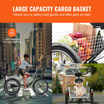 VEVOR Adult Tricycles Bike, 7 Speed Adult Trikes, 24 Inch Three-Wheeled Bicycles, Carbon Steel Cruiser Bike with Basket and Adjustable Seat, Picnic Shopping Tricycles for Seniors, Women, Men  (Black) - FZDKRLSLCTG2M4EUDV0 - view 7