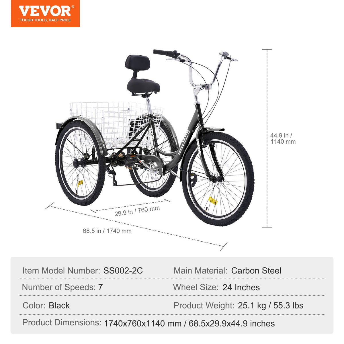 VEVOR Adult Tricycles Bike, 7 Speed Adult Trikes, 24 Inch Three-Wheeled Bicycles, Carbon Steel Cruiser Bike with Basket and Adjustable Seat, Picnic Shopping Tricycles for Seniors, Women, Men  (Black) - FZDKRLSLCTG2M4EUDV0 - view 8