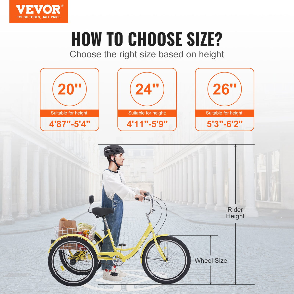 VEVOR Adult Tricycles Bike, 20 Inch Three-Wheeled Bicycles, 3 Wheel Bikes Trikes, Carbon Steel Cruiser Bike with Basket & Adjustable Seat, Picnic Shopping Tricycles for Seniors, Women, Men (Yellow) - FZDKRLSLCTG2YK8RYV0 - view 3