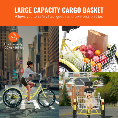 VEVOR Adult Tricycles Bike, 20 Inch Three-Wheeled Bicycles, 3 Wheel Bikes Trikes, Carbon Steel Cruiser Bike with Basket & Adjustable Seat, Picnic Shopping Tricycles for Seniors, Women, Men (Yellow) - FZDKRLSLCTG2YK8RYV0 - view 7
