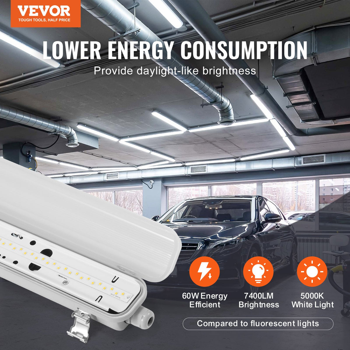 VEVOR 4FT LED Vapor Tight Light, 60W, 7400LM Vapor Proof Light Fixture with 5000K IP65 Waterproof, for Outdoor Semi-Outdoor Cold Environments Parking Lot Warehouse Walk-In Freezer Car Wash, 4-Pack - FZQD4FT4JT6049D0UV7 - view 3