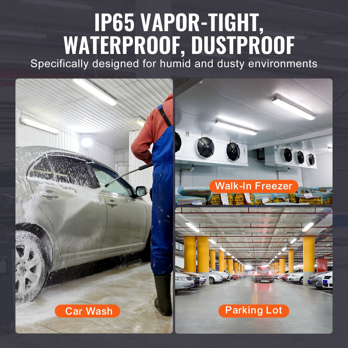 VEVOR 4FT LED Vapor Tight Light, 60W, 7400LM Vapor Proof Light Fixture with 5000K IP65 Waterproof, for Outdoor Semi-Outdoor Cold Environments Parking Lot Warehouse Walk-In Freezer Car Wash, 4-Pack - FZQD4FT4JT6049D0UV7 - view 4