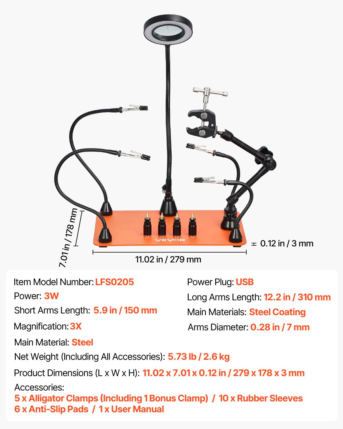 VEVOR Magnetic Helping Hands Soldering Station, Third Hand Soldering Tool with 3X LED Magnifying Lamp, 4 PCB Holders & 360 Hot Air Gun Holder, Heavy-Duty Base Station for Electronic Repair Craft Hobby - FZSHJZ4GFZS454WT2001V9 - view 8