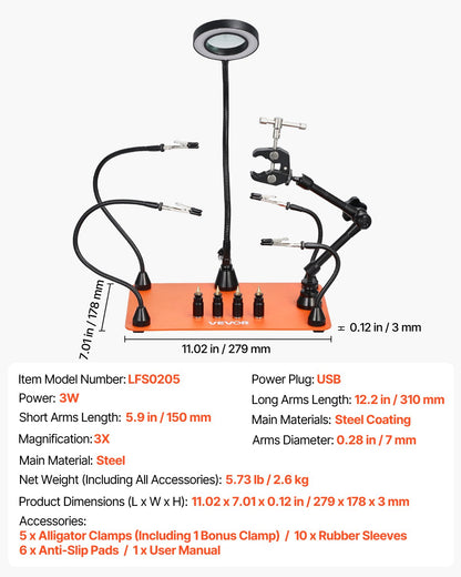 VEVOR Magnetic Helping Hands Soldering Station, Third Hand Soldering Tool with 3X LED Magnifying Lamp, 4 PCB Holders & 360 Hot Air Gun Holder, Heavy-Duty Base Station for Electronic Repair Craft Hobby - FZSHJZ4GFZS454WT2001V9 - view 8