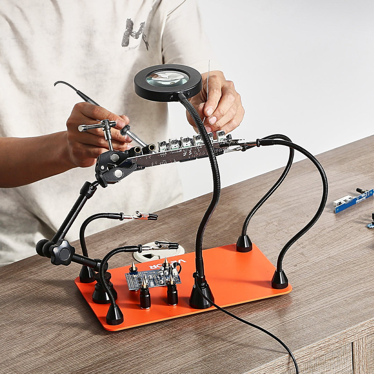 VEVOR Magnetic Helping Hands Soldering Station, Third Hand Soldering Tool with 3X LED Magnifying Lamp, 4 PCB Holders & 360 Hot Air Gun Holder, Heavy-Duty Base Station for Electronic Repair Craft Hobby - FZSHJZ4GFZS454WT2001V9 - view 9