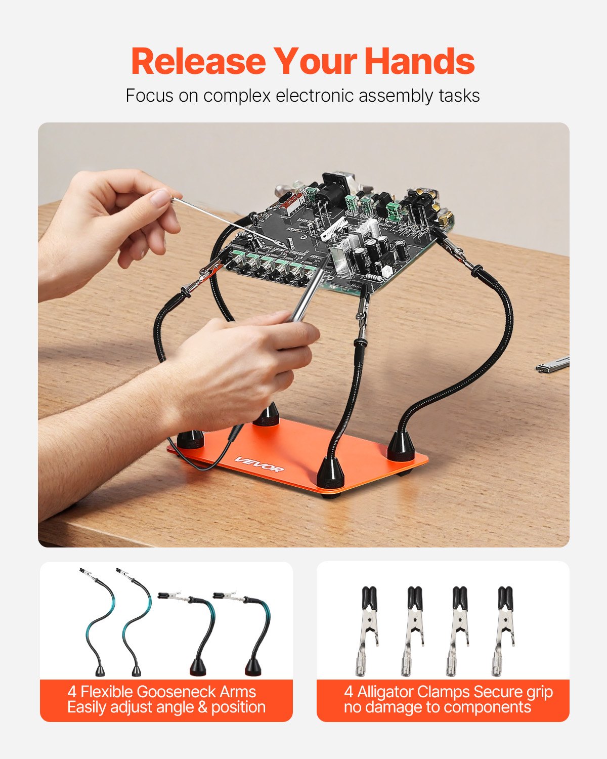 VEVOR Magnetic Helping Hands Soldering Station, 4 Flexible Arms Third Hand Tool, with 6 PCB Pillar Holders & 360 Hot Air Gun Holder, Heavy-Duty Base Soldering Helper for Electronic Repair Craft - FZSHJZ4GFZS6OVDII001V0 - view 4